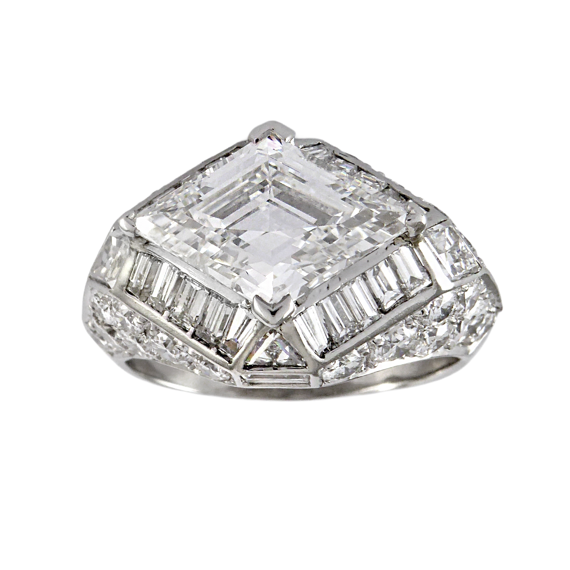 Lozenge diamond cluster ring, the principal step cut diamond of 2.69ct F VS1, landscape set,